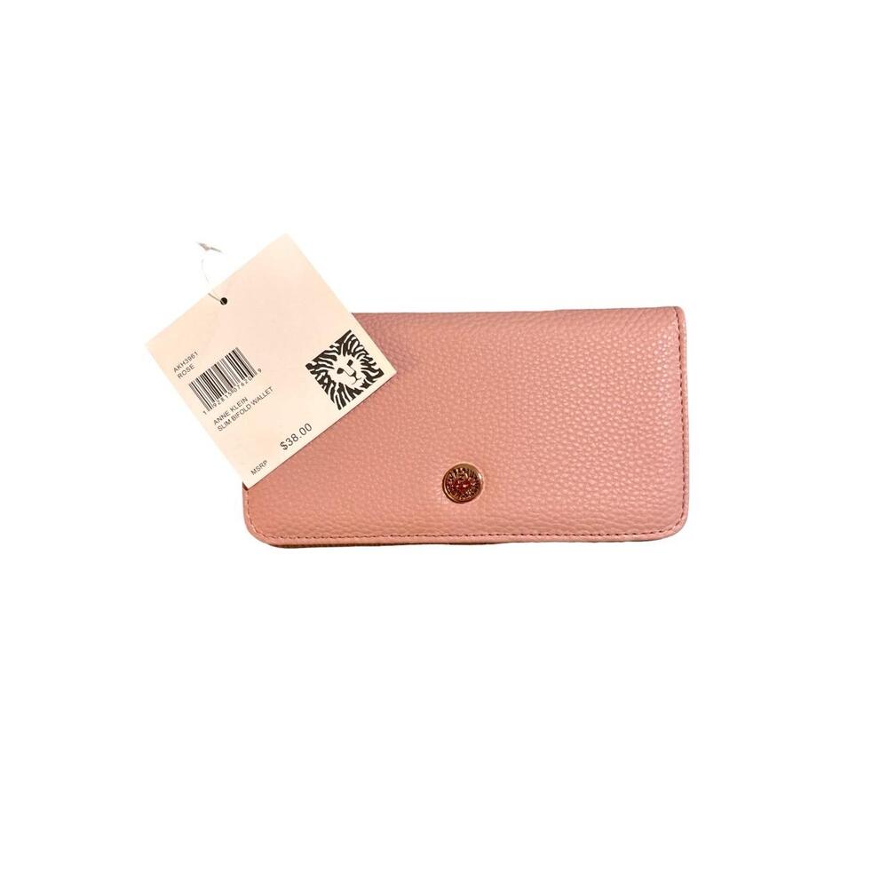 NWT Anne Klein Slim Bifold Wallet Womens Rose Snap Closure Textured